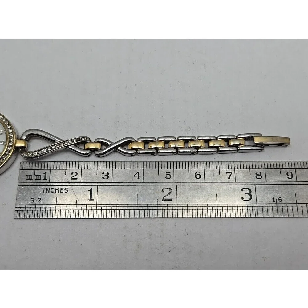 Bulova Womens Crystal Two Tone Bracelet Watch White MOP Dial New Battery Quartz